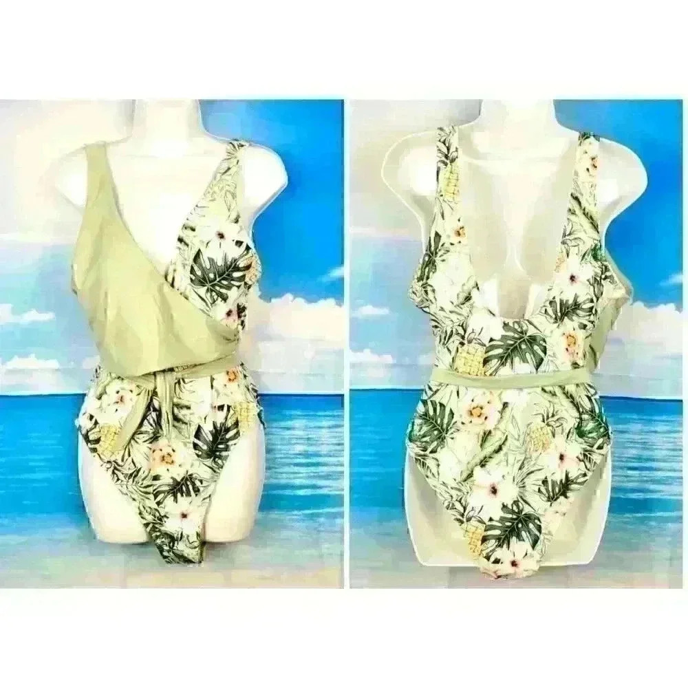 SAGE GREEN and FLORAL one piece Swim Bathing Suit TROPICAL Hawaiian size XL 1x